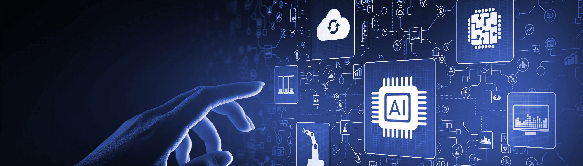 Dark background. The image's right side is partially lighted up by a bright blue light. In the background, several icons are joined by white lines simulating an electronic circuit. Several icons float over it and represent a cloud, a mechanic arm, an artificial intelligence chip, etc. A hand on the left extends its index finger toward the floating icons.