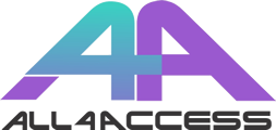 Access4All logo. A pair of purple letters "A" are next to each other and  slanted toward each other. An aquamarine number 4 is drawn over the letter A on the left. Underneath the letters appears the word "Access 4 All".